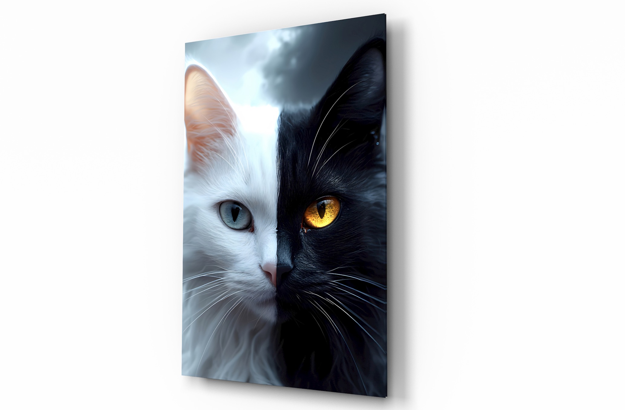 Kedi Siyah-Beyaz Hayvan Temalı Dekoratif Cam Tablo, Duvar Dekoru H0022