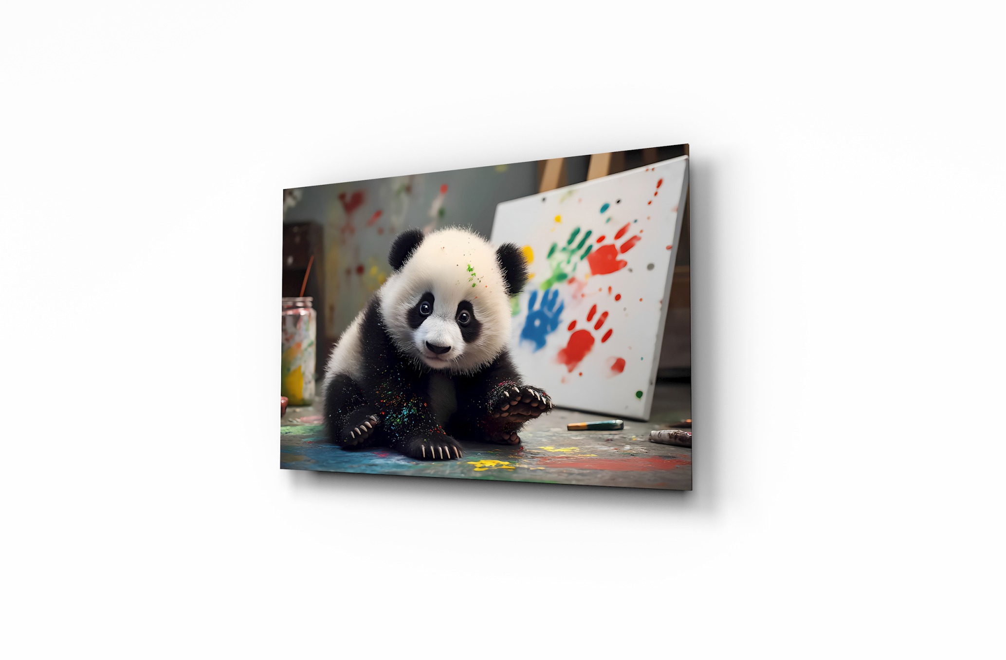Ressam Panda Hayvan Temalı Dekoratif Cam Tablo, Duvar Dekoru H0038