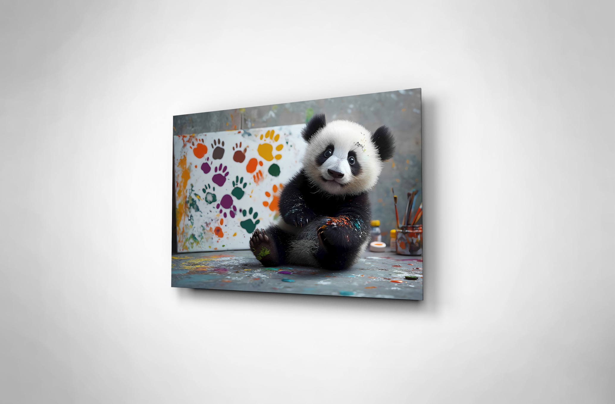 Ressam Panda Hayvan Temalı Dekoratif Cam Tablo, Duvar Dekoru H0037